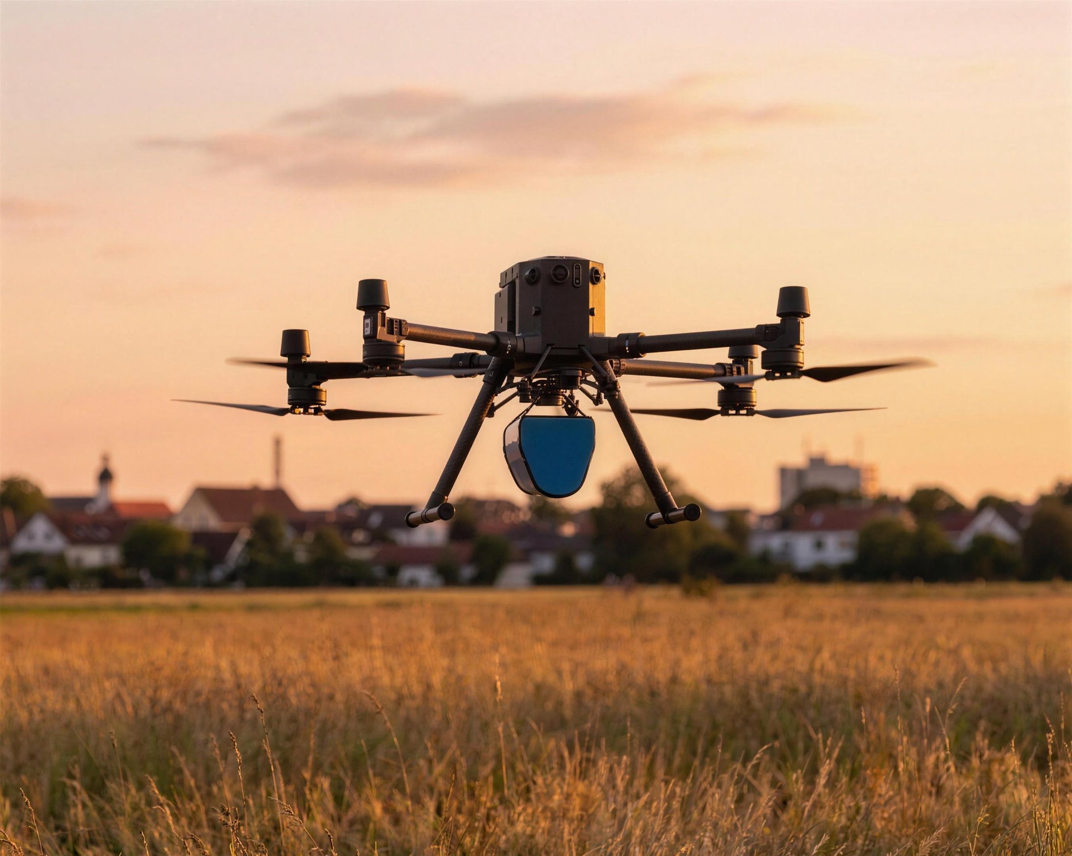 Survey drone with radiation sensor flying over fields near a small town